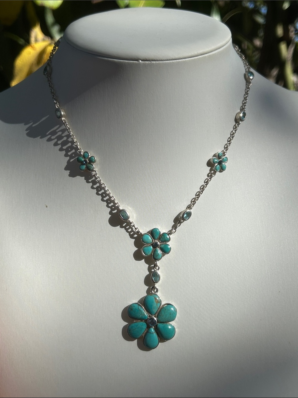 Sterling Silver Turquoise Blue Topaz Flower Pendant Necklace 16 1/4-18.5”